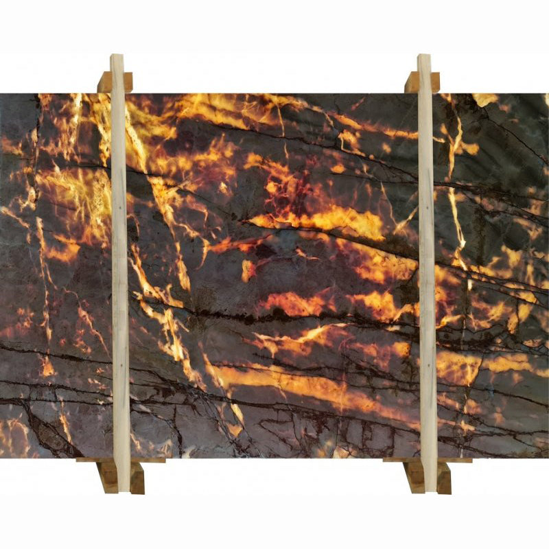 porto rosso marble slabs packed on wooden bundle backlit product shot front view