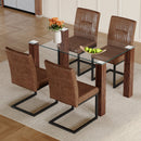 Table and chair set.A 49.6*30 Inch Transparent Tempered Glass Dining Table With Walnut Wood Grain MDF Legs.Paired With 4 Ergonomic Brown Technology Fabric Dining Chairs,Black Metal Legs.