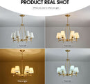 Gold Wagon Wheel Chandelier With White Linen Shade 6 Light