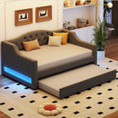 Upholstered Full XL Size Daybed with LED Belt and Trundle, Gray, Linen, 84'' x 41.5'' x 27''