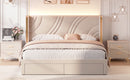 Modern Upholstered LED Bed Frame with Storage Drawers, Velvet Platform Bed, Wingback Headboard, RGB Light, Beige