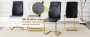 Table and chair set.71 * 35.4 inch rectangular dining table.Tempered Glass Tabletop,Golden 7-shaped Metal Table Legs.Paried With 8 Black High-quality PU Chairs With Arched Metal Legs.W1151S03301