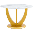 Table and chair set.Luxurious Snow Mountain White Slab Round Dining Table Set - 47'x47' with 4 Black PU Chairs with Simple Line Designs On The Backrest .Golden Metal Legs.