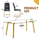 Table and chair set.71 * 35.4 inch rectangular dining table.Tempered Glass Tabletop,Golden 7-shaped Metal Table Legs.Paried With 8 Black High-quality PU Chairs With Arched Metal Legs.W1151S03301