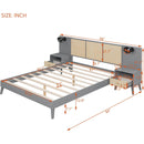 Queen Size Solid Wood Bed Frame with 2 Nightstands, Elegant Design with Lamps, Rattan and Wood Combination,Gray