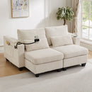 Convertible Chaise Lounge 63' Loveseat Sofa Bed with USB Ports, Cup Holders, Phone Holder, Storage, Beige Corduroy