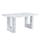 Table and chair set.64.5x35.4 Inch Stylish White Marble Textured Dining Table.Paried With 4 Black PU Chairs with a vertical stripe design on the backrest.Create Your Exclusive Low-Key Luxury Space.