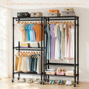 Heavy Duty Rolling Clothes Rack with 3 Tier Shelves, 2 Rails & Side Hooks, Adjustable Freestanding Organizer, Black Metal