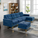 Elegant Convertible L-Shape Sectional Sofa Couch with Movable Ottoman, Velvet Upholstery, Blue
