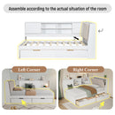 White Wooden Full Size L-shaped Daybed with Storage Bookcase, Upholstered Headboard, USB Charging Ports