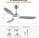 52 Inch Quiet DC Motor Ceiling Fan With LED Lights Remote Control