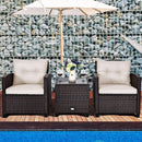 3 Piece Patio Furniture Set White PE Rattan Wicker Outdoor Sofa Set With Washable Cushions And Tempered Glass Tabletop