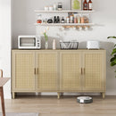 Natural Rattan Buffet Cabinet with Storage, 4-Door Sideboard, Adjustable Shelves, 70-Inch