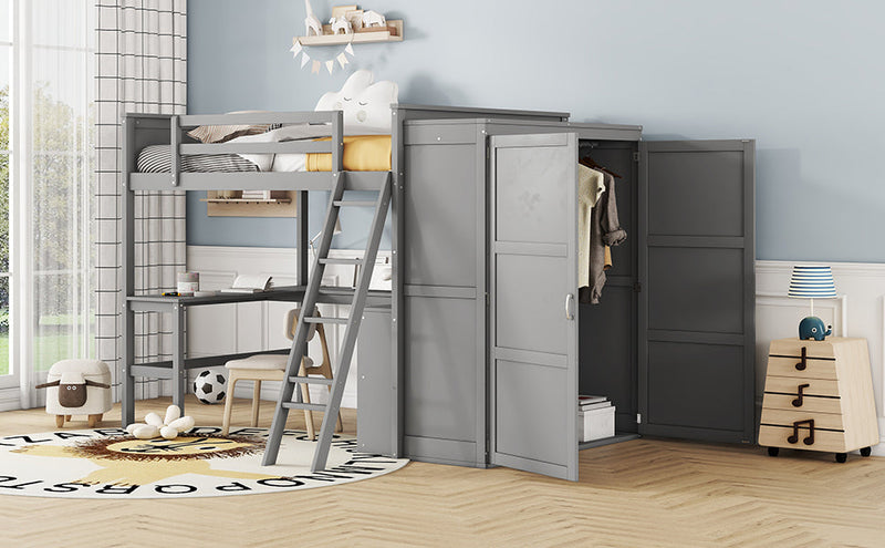 Full size Loft Bed with Desk, Shelves and Wardrobe-Gray