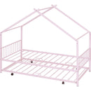 Twin Size Metal House Bed with Twin Size Trundle, Pink