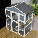Gray Wooden Catio Outdoor Cat house Enclosure with Waterproof Top, 3 Platforms & 2 Napping House Small Pet Animal Cage