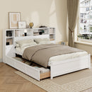 White Wooden Storage Bed with Tall Extended Bookcase Headboard, 6 Drawers and Charging Station for Teens Adults, No Box Spring Needed,Full