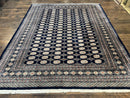 Pakistani Bokhara Rug 8x10, Turkoman Carpet, Dark Blue and Beige, Vintage Handmade Wool Carpet