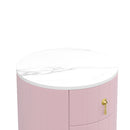 Upholstered Nightstand with 3 Drawers, Round Bedside Table with Metal Handles,Marbling Stickers Top Night Table for Bedroom, Fully Assembled Except Handles, Pink