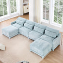 Elegant Four-Seater Sofa with Movable Ottoman and Lumbar Pillow in Sky Blue Chenille with Solid Wood Frame