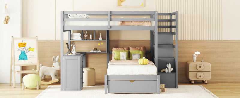 Full Over Twin Bunk Bed with Desk, Drawers and Shelves, Gray