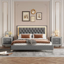 3-Pieces Bedroom Sets,Queen Size Upholstered Platform Bed with LED Lights and Two Nightstands-Gray