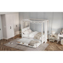 Full Size Upholstery Canopy Platform Bed with Trundle and Three Storage Drawers, Beige