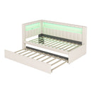 Upholstered Twin Size Platform Bed with USB Ports and LED Belt, With Trundle, White