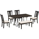 Traditional 6-Piece 78inch Trestle Extendable Dining Table Set with One 18inch Removable Leaf, Padded Dining Chairs and Bench,Distressed White