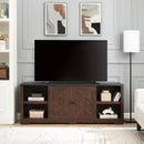 Modern Farmhouse TV Media Stand, Large Barn Inspired Home Entertainment Console, for TV Up to 80", with Open Shelves and Closed Cabinets, Espresso and Black, 70"Wx15.55"Dx26.89"H