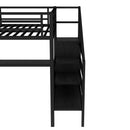 Queen Size Loft Bed with L-shaped Desk and USB, Metal Loft Bed with Wardrobe and Adjustable Shelf, High Loft Bed with LED for Kids Teens Adults, Black