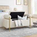 Elegant Upholstered Storage Bench With Cylindrical Arms And Iron Legs,