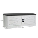 2 Tier Shoe Bench with Padded Seat, 2 Barn Doors and Adjustable Shelves, for Entryway and Living Room, White MDF