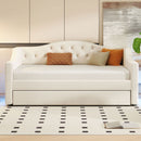 Elegant Upholstered Full XL Size Daybed with LED Belt and Trundle, Beige Linen Finish