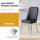6 modern dining chairs, sleek PU backrest, and silver metal legs bring a comfortable home experience to the kitchen, bedroom, and office.Black PU Chairs with Simple Line Designs On The Backrest.