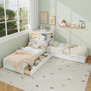 L-Shaped Combination Twin Bed with Trundle and Drawer,3-in-1 Low Corner Platform Bed Linked with Built-in Desk and Led Downlight, White