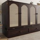 Queen Size Murphy Bed, Pine Wood Cabinet Bed with Power Station and Rattan Decoration Panel,Espresso