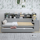 Wooden Full Size Daybed with Storage Shelves, Multi-functional Bed with Twin Size Trundle Bed and  Study Desk,Gray