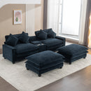 Contemporary Chenille Upholstered Sectional Sofa with Ottomans, USB Ports, Cup Holders & Storage, Blue
