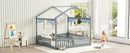 Double Twin House-Style Floor Bed with Fence, Guardrails, without door, Grey(Old Sku:W504P143316)