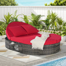 Outdoor Patio Round Daybed, Sun Bed with Adjustable Backrests and Foldable Cup Trays, Reclining Outdoor Lounger Wicker Rattan Patio Daybed with Cushions and Pillows for Backyard Poolside