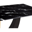 Black Marble Pattern Tempered Glass Dining Set - 71'x35.4' with 8 White and dark gray spliced PU Chairs With a Widened Backrest Design.