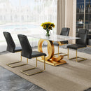 Table and chair set.Subtle Luxury Tempered Glass Dining Set - 63'x35.4' with 4 Black PU Chairs with golden C-tube metal leg.Arched Metal Gold Leg.White imitation marble texture sticker Tabletop.