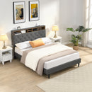 Modern Dark Grey Queen-Size Upholstered Platform Bed Frame with Button-Tufted Linen Headboard and USB Ports