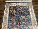 Turkish Silk Rug 5x8, Hunting Design, Animal Pictorials, Steel Blue & Ivory, Bamboo Silk