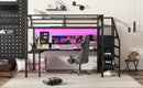 Queen Size Loft Bed with L-shaped Desk and USB, Metal Loft Bed with Wardrobe and Adjustable Shelf, High Loft Bed with LED for Kids Teens Adults, Black