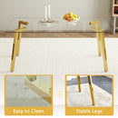 Table and chair set.71 * 35.4 inch rectangular dining table.Tempered Glass Tabletop,Golden 7-shaped Metal Table Legs.Paried With 8 Black High-quality PU Chairs With Arched Metal Legs.W1151S03301
