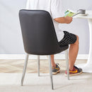 6 modern dining chairs, sleek PU backrest, and silver metal legs bring a comfortable home experience to the kitchen, bedroom, and office.Black PU Chairs with Simple Line Designs On The Backrest.
