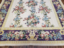 Vintage Chinese Floral Needlepoint Area Rug 6x9, Wool Hand-Woven Handmade Flatweave Rug, Ivory & Purple, Fruits Grapes Apples, Dining Room
