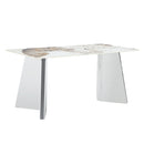 Table and chair set.63'x31.5x30' Luxurious Pandora patterned Sintered Stone Tabletop with Silver Stainless Steel Butterfly Legs.Paried With 6 Dark Gray High-quality PU Chairs With Arched Metal Legs.